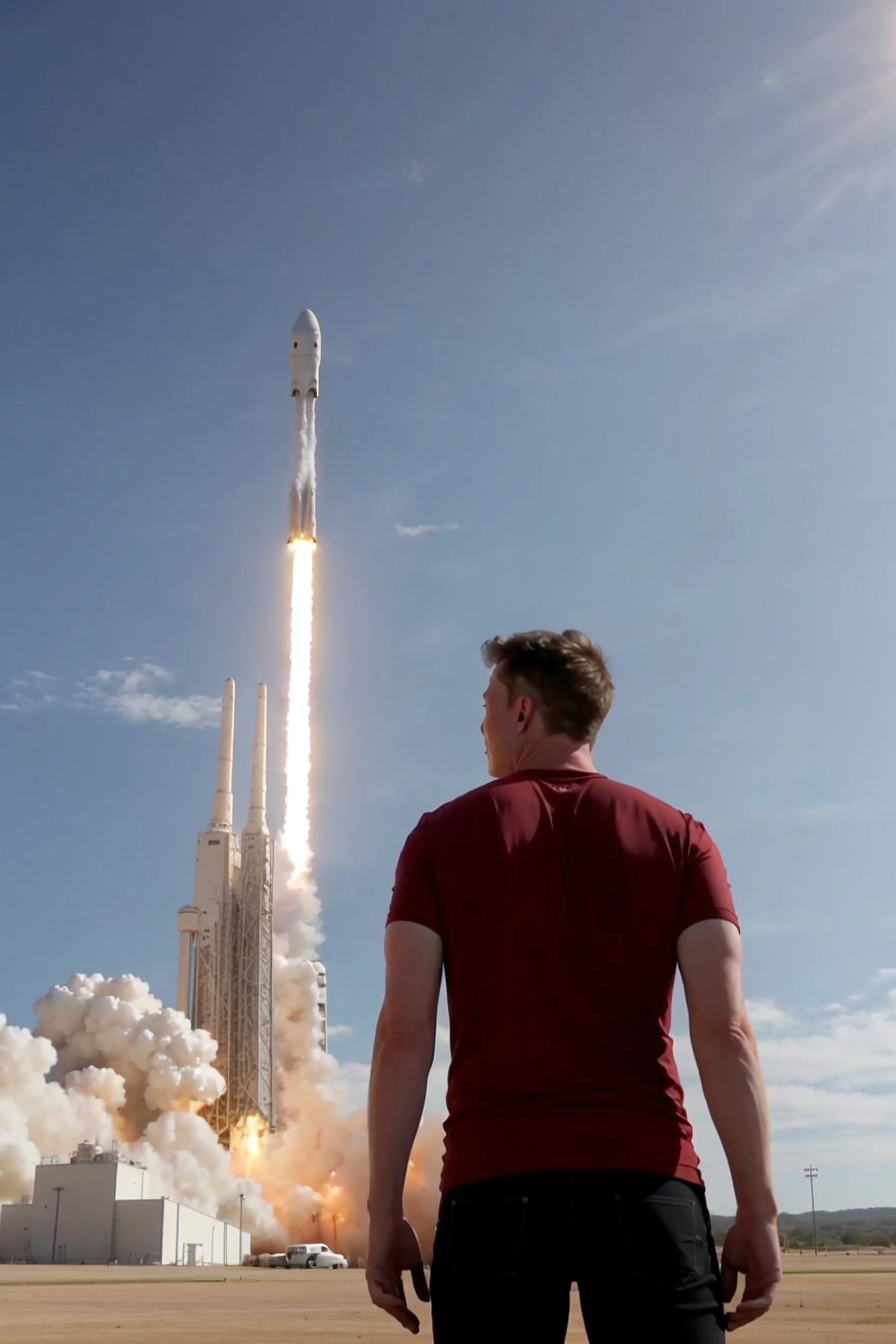 elon musk watching a spaceship launch up, behind view