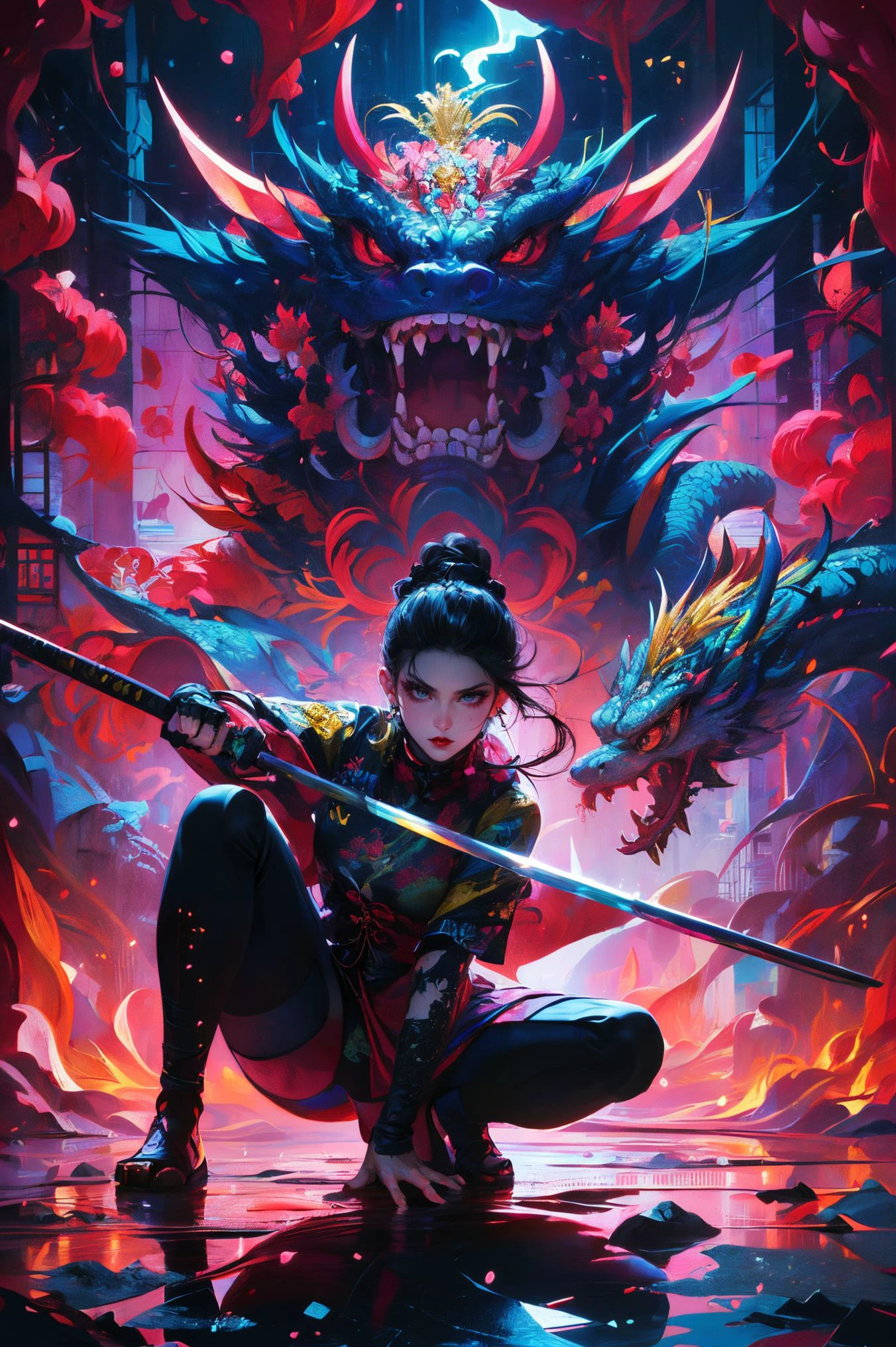 ultra high resolution,((masterpiece))),(((best quality))),((super detailed)),((extremely delicate and beautiful)),(wide shot, wide-angle lens,Panoramic:1.2),super vista,super wide Angle,Low Angle shooting,super wide lens,highly detailed,(masterpiece, top quality, best quality, official art, beautiful and aesthetic:1.2),(fractal art:1.2),
xuer ai yazawa style girl,1girl,solo,holding weapon,katana,floral print,looking at viewer,fighting stance,eastern dragon,braid,floral print,Ink,ink splatter,
(disgust:1.3),(full body:1.4),A shot with tension,(sky glows light magenta,Visual impact,giving the poster a dynamic and visually striking appearance:1.2),Chinese Zen style,impactful picture,
<lora:~Q?-kfX\YsV2 xuer ai yazawa style girl:0.8>,