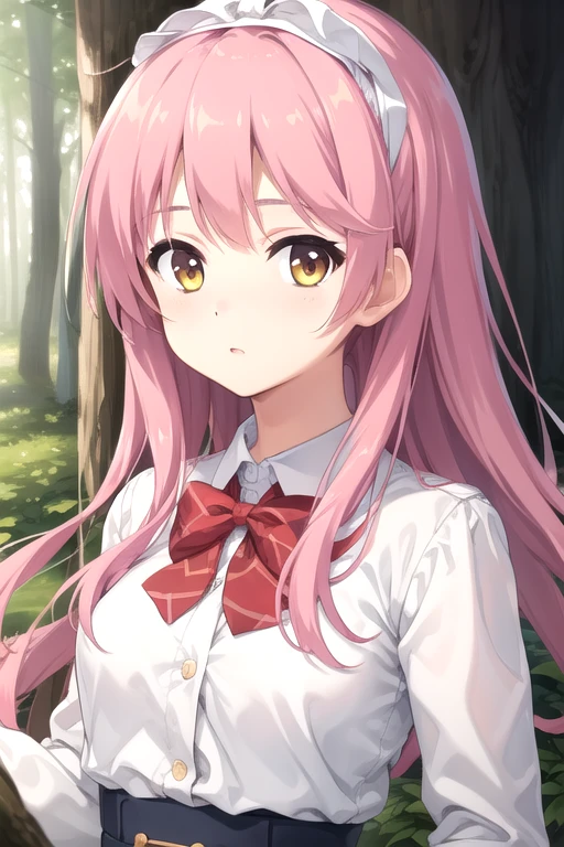 ((masterpiece)),(best quality),official art,extremely detailed CG,unity 8k wallpaper,ultra detailed,beautiful detailed eyes,extremely detailed face,forest,nature,1girl,solo,upper body,(portrait:1.5),looking at viewer,facing viewer,wind,(petite:1.2),Kurama Koharu,very long hair,pink hair,shiny hair,floating hair,white hairband,hair ribbon,sidelocks,bangs,yellow eyes,red bowtie,white shirt,long sleeves,large breasts,button,blue skirt,pleated skirt,frilled skirt,white socks,loafers,<lora:Kurama Koharu(sb):0.6>,