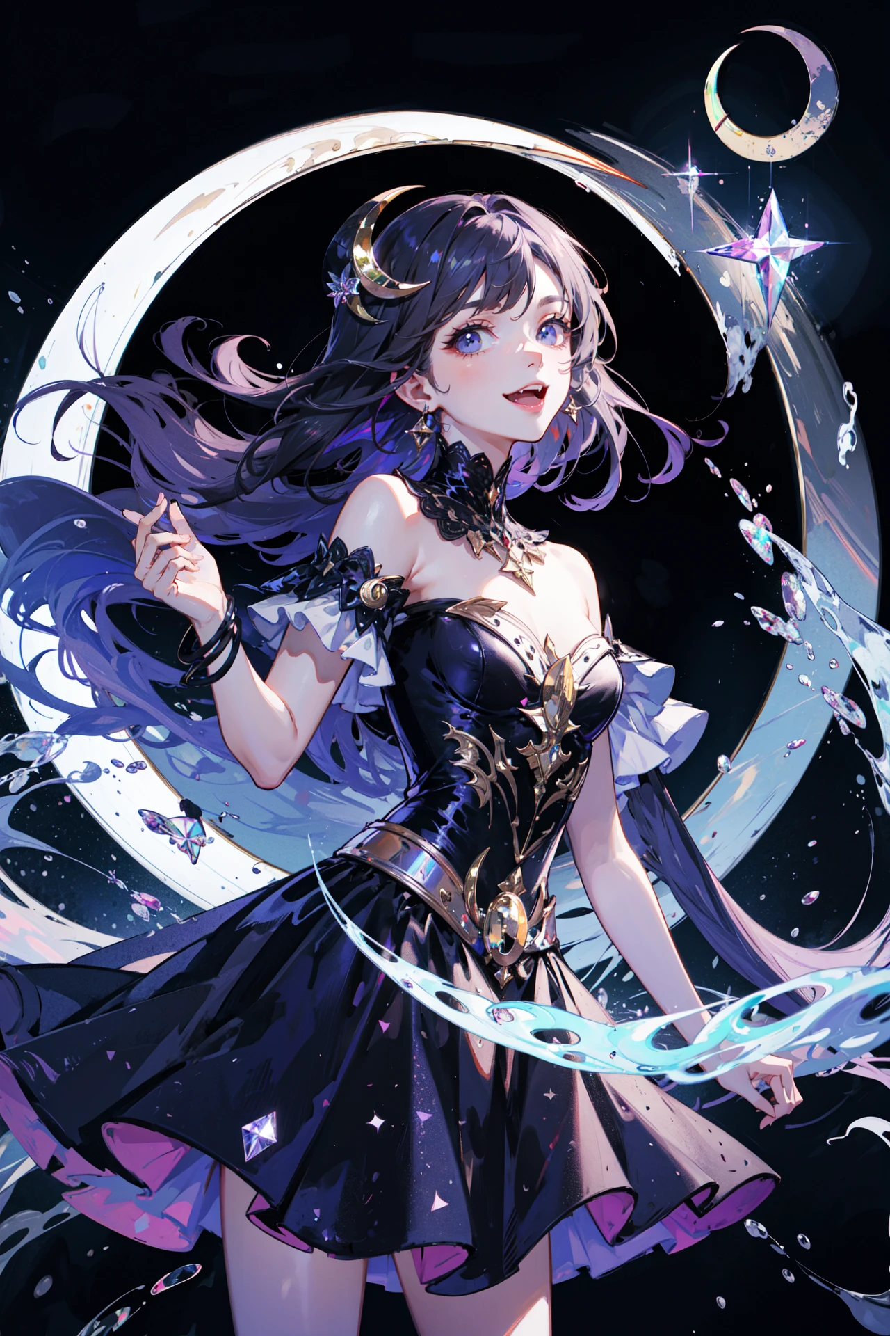 ((best quality, masterpiece, absurbres, super-resolution))
1girl, gentle, elegant, smiling, open mouth, small fangs, little devil, looking at viewer,
BREAK
dancing with you, reaching out to viewer, spinning
BREAK
flowing glistering hair, bejewel accessories, flowy translucent skirt, Off shoulder cut out top with laces
BREAK
(Detailed crescent moon:1.5), (crystal, holographic, prism:1.3)