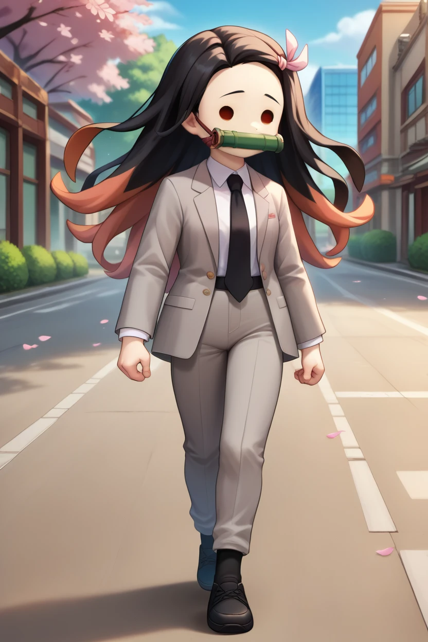 score_9, score_8_up, score_7_up, score_6_up, score_5_up, score_4_up, source_anime,nezukoC,1girl, solo,solid circle eyes,parody, chibi,,grey suit, (grey blazer), grey pants, white collared shirt, (black necktie), pink hair ribbon,floating hair,black hair,two-tone hair,power walking, street,building,cherry blossoms,bamboo bit gag, raised eyebrows,dynamic pose,(from side:0.75) ,pants,jacket,oversized clothes,black shoes,black socks  <lora:Kamado_Nezuko_v1:1>