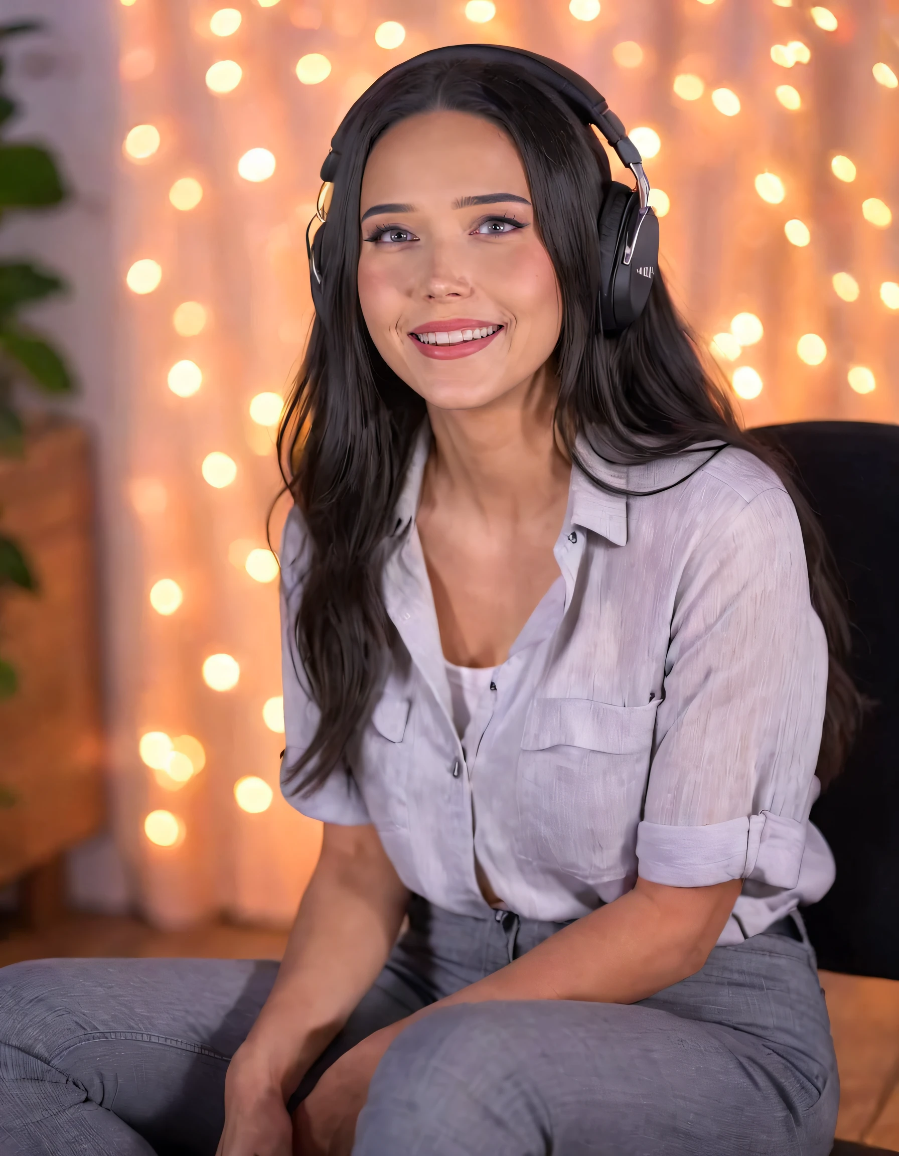 full body,photo of a woman,sitting,happy,shirt,pants,ray tracing,detail shadow,shot on Fujifilm X-T4,85mm f1.2,sharp focus,depth of field,blurry background,bokeh,motion blur. Capturing a radiant Lydiaviolet, dressed casually in a shirt and pants, she sits contentedly against a backdrop of vibrant rays from a Fujifilm X-T4 with an 85mm f1.2 lens, her long black hair swaying effortlessly as the blurry background mimics motion; this portrait showcases sharp focus on her face, revealing her grey eyes, parted lips, and warm smile, all framed by a softly lit halo of bokeh created from the depth of field, while jewelry, headphones, and a detail shadow from an adjacent ray trace add texture to the scene. lydiaviolet <lora:hnsvxk18dfff1aa4fi1b9:1>