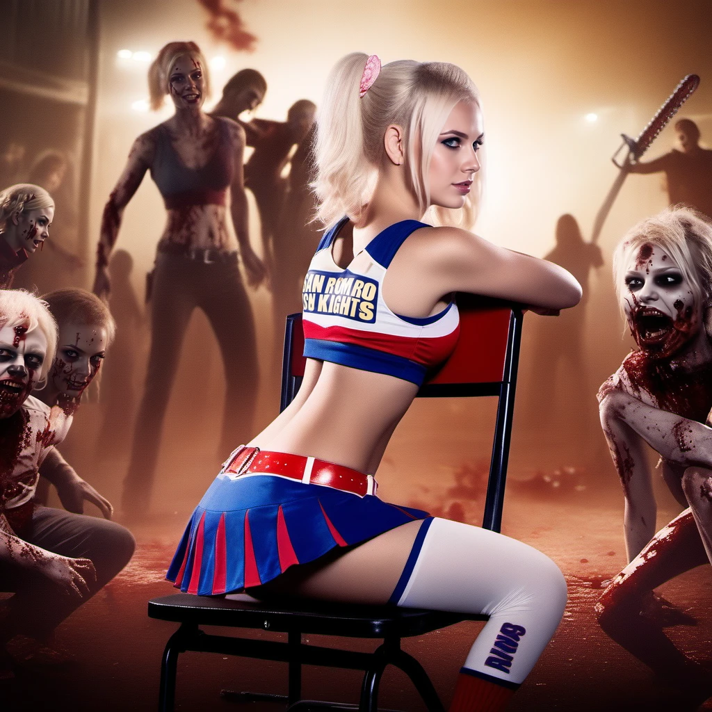cinematic photo cinematic photo a full body blonde cheerleader with two curled-point ponytails sitting reversed on a chair surrounded by zombies, text ''san romero knight'', college, chainsaw, blood splashes <lora:JuiletStarling1024:0.8> . 35mm photograph, film, bokeh, professional, 4k, highly detailed . 35mm photograph, film, bokeh, professional, 4k, highly detailed