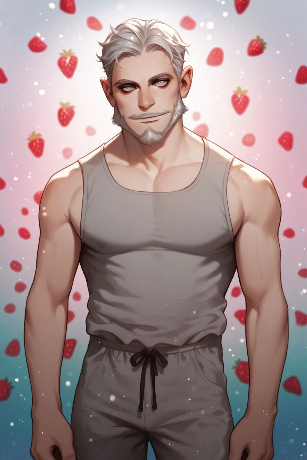 score_9, score_8_up, score_7_up, high resolution, 1boy, naughty_face, silver hair, fade with beard, white eyes, grey romper, glitter particles, strawberry background <lora:Range_murata_PonyXL_style_v01.09:1>