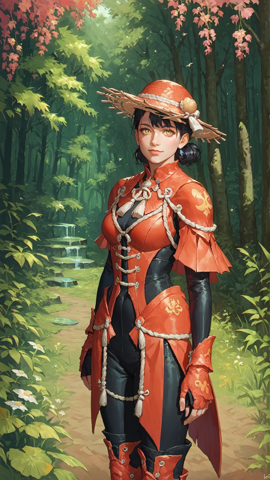 score_9, score_8_up, score_7_up, Smooth 2, Anime 2, cowboy shot, jelly outfit, jeldan, (((a woman in a red outfit and a hat))), black hair, yellow eyes, forest background, masterpiece, 8k, 16k, <lora:Smooth Anime 2 Style SDXL_LoRA_Pony Diffusion V6 XL:0.7>, <lora:Jelly_OutfitXL_Monster_Hunter_Rise-000007:0.7>