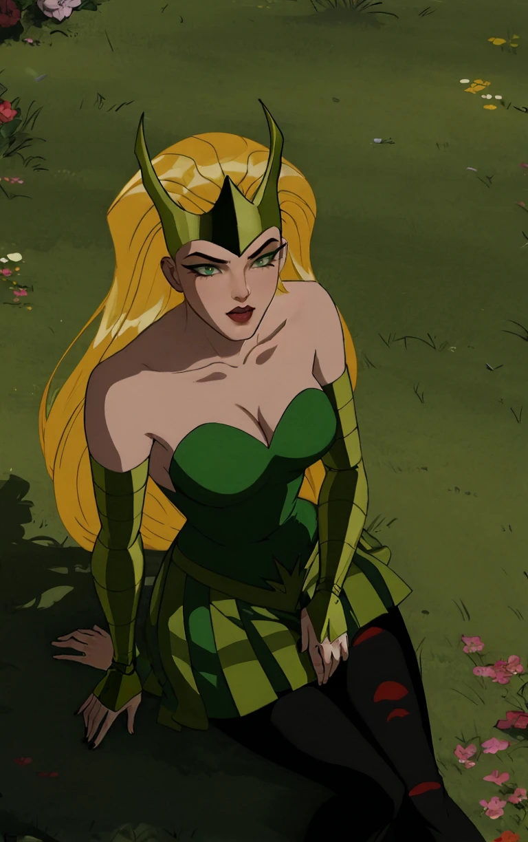 ((masterpiece, best quality)), insaneres, absurdres, solo, outdoors,
GreenBodySuit_enchantress_AEMH_ownwaifu, 
1girl, blonde hair, bare shoulders, green eyes, long hair, lipstick, makeup, medium breasts,  breasts, crown, red lips, horns, helmet,
cleavage, detached sleeves, green dress, pantyhose, strapless dress, elbow gloves, collarbone, skirt, animification, gloves, superhero,bridal gauntlets, retro artstyle, vambraces,  long sleeves, striped, armor, black pants, black pantyhose, covered navel, green bodysuit,
(from above, sitting)<lora:MARVEL_AmoraTheEnchantress_AEMH_ownwaifu:0.9>,
lens flare, depth of field, bokeh, embers, vanishing point, looking at viewer,