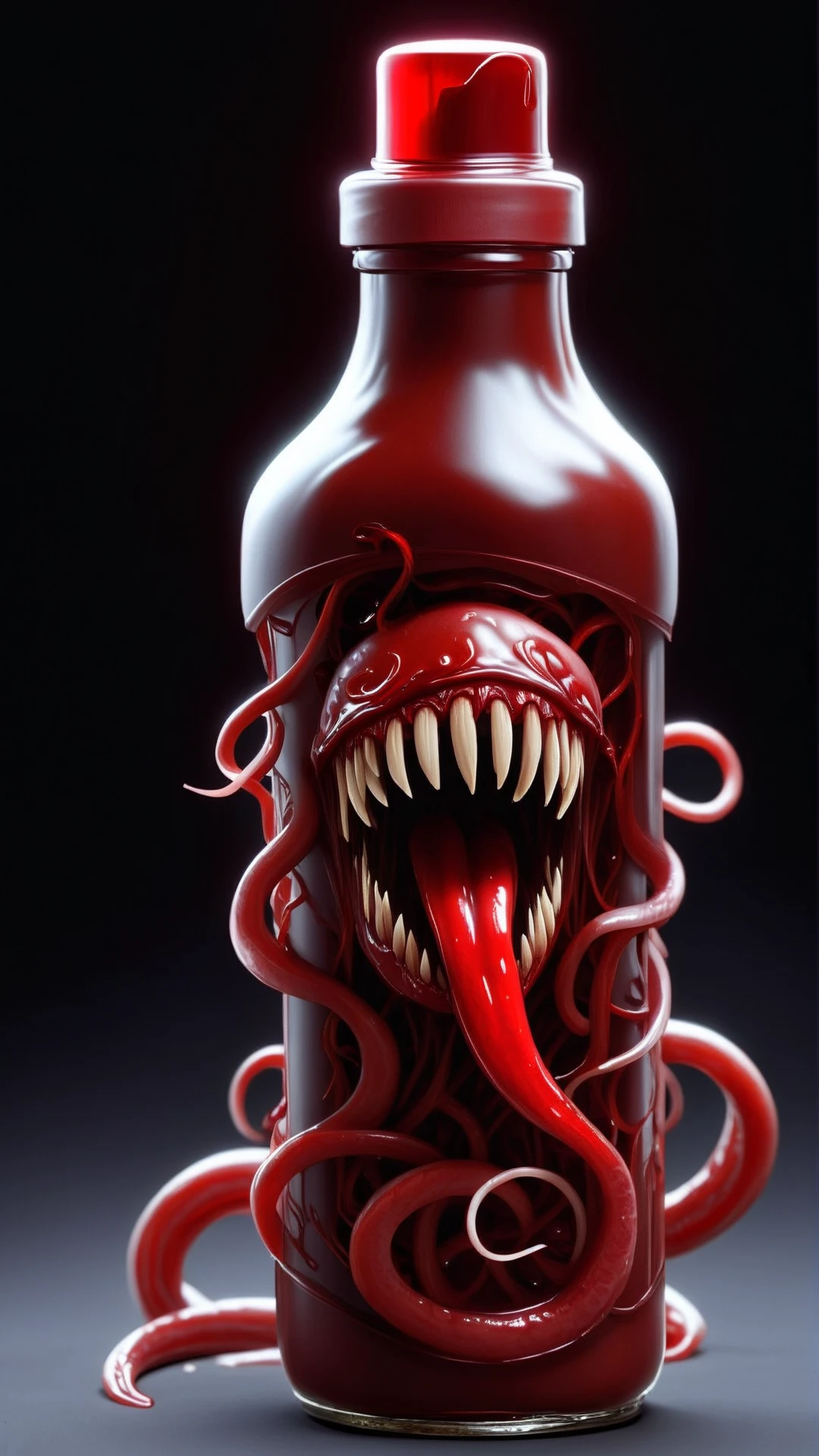 gory, bloody, messy, <lora:CarnageStyleXL:1.5>CarnageStyle blood red bottle, bodyfluid, tendrils, tongue, bloody, (Masterpiece:1.3) (best quality:1.2) (high quality:1.1)