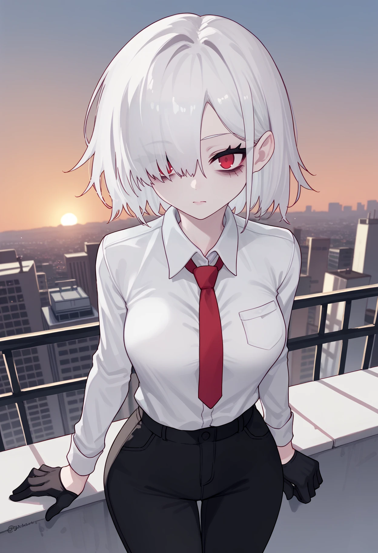 score_9, score_8_up, score_7_up, score_6_up, source_anime, BREAK 1girl, medium hair, white hair, hair over one eye, red eyes, (bags under eyes:0.8),, collared shirt, white shirt, long sleeves, red necktie, medium breasts, black pants, half gloves, standing, looking at viewer, rooftop, city, sunset, dutch angle, <lora:EonsangManualPDXLV2:1>