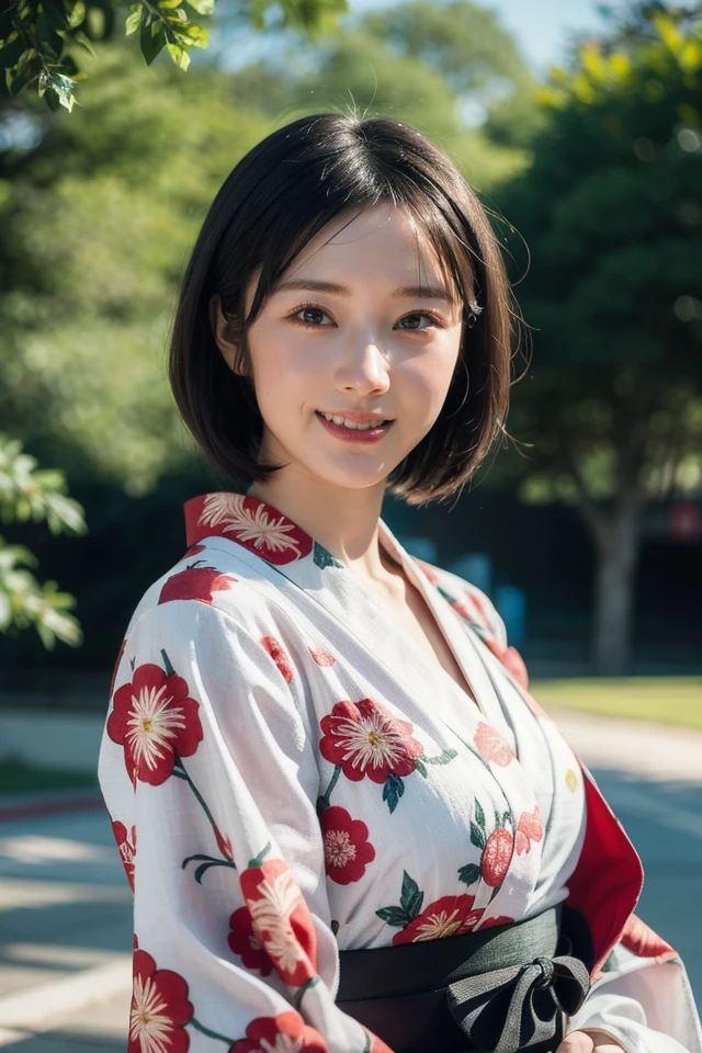 1girl,japanese clothes,kimono,solo,brown hair,looking at viewer,blurry,outdoors,yukata,smile,open mouth,obi,sash,floral print,short hair,blurry background,day,tree,realistic,bangs,
best quality,masterpiece,illustration,an extremely delicate and beautiful,CG,unity,8k wallpaper,Amazing,finely detail,masterpiece,official art,extremely detailed CG unity 8k wallpaper,incredibly absurdres,huge filesize,ultra-detailed,highres,extremely detailed,beautiful detailed girl,realistic,outdoors,light contrast,<lora:Kokoa Kai_20240313145047:0.8>,