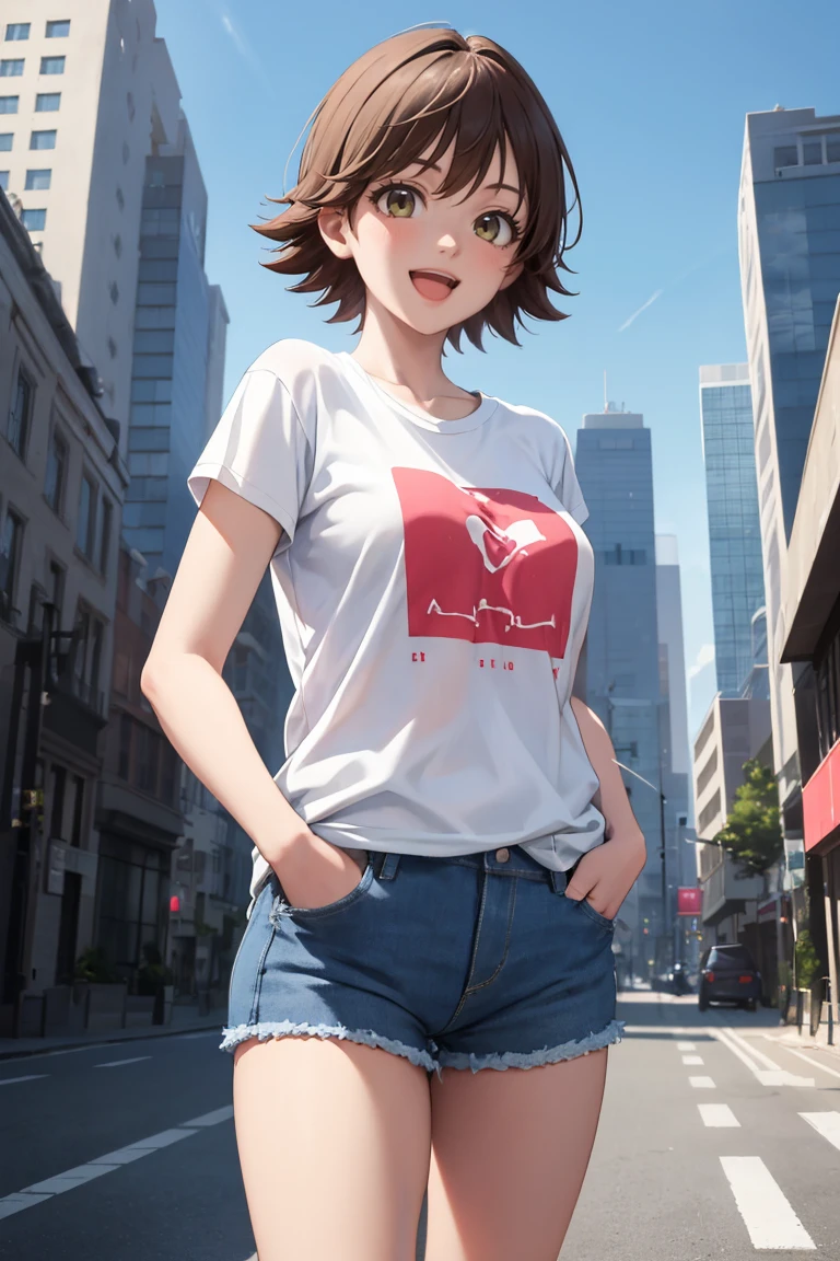 masterpiece, best quality, absurdres, 1girl, solo, HondaMio, short hair, t-shirt, denim shorts, standing, outdoors, city, hands in pockets, smile, :d, <lora:HondaMio:1>