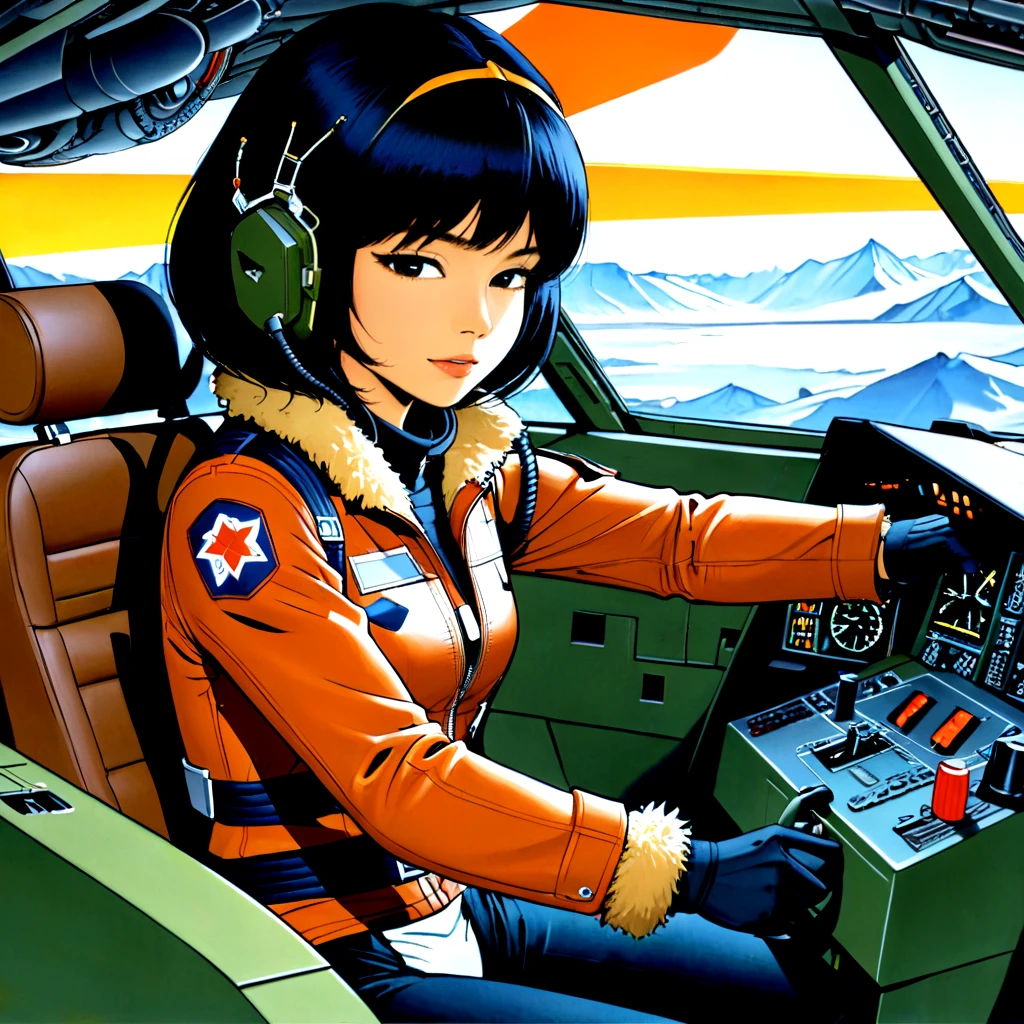 (best quality, masterpiece, absurdres, highres, ultra_detailed, dynamic angle:1.2), Yoko Tsuno <lora:yoko_tsuno-xl-v2-000014:0.7>, 1girl, sit inside a fighter jet cockpit, jet pilot, (brown leather jacket with fur trim, black pants:1.15), close-up, solo, alone, futuristic, sci-fi, traditional media, 1990s \(style\), retro artstyle, (intricate details, hyperdetailed:1.15), (ultrahigh resolution textures), (volumetric, cinematic) lighting
