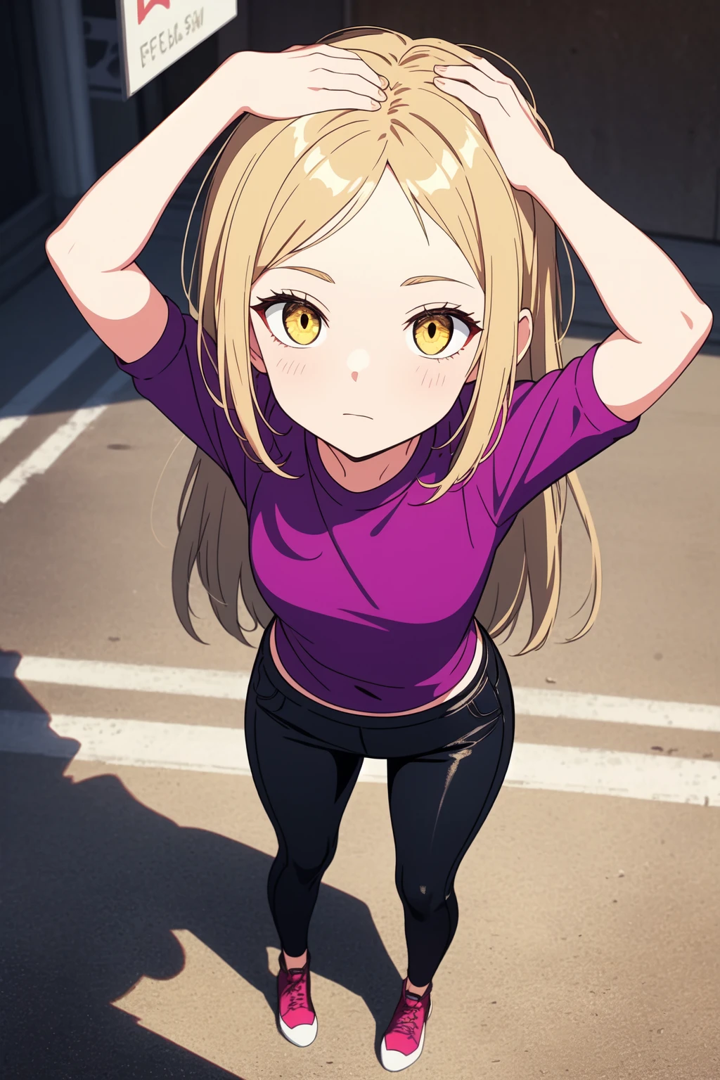 (masterpiece, best quality, SFW:1.2), elegant, perfectionism, psychedelic, bloom, BREAK, 1girl, interested, looking up, forehead, (cute, petite:1.2), flat_chest, wide hips, (dark violet hair, straight hair, blunt bangs:1.2), (light golden yellow eyes:1.2), BREAK, (gathers orange_red_colored compression shirt, gold trim, aqua_blue capri pants), BREAK, from above, legs over head, BREAK, outdoors, wasteland