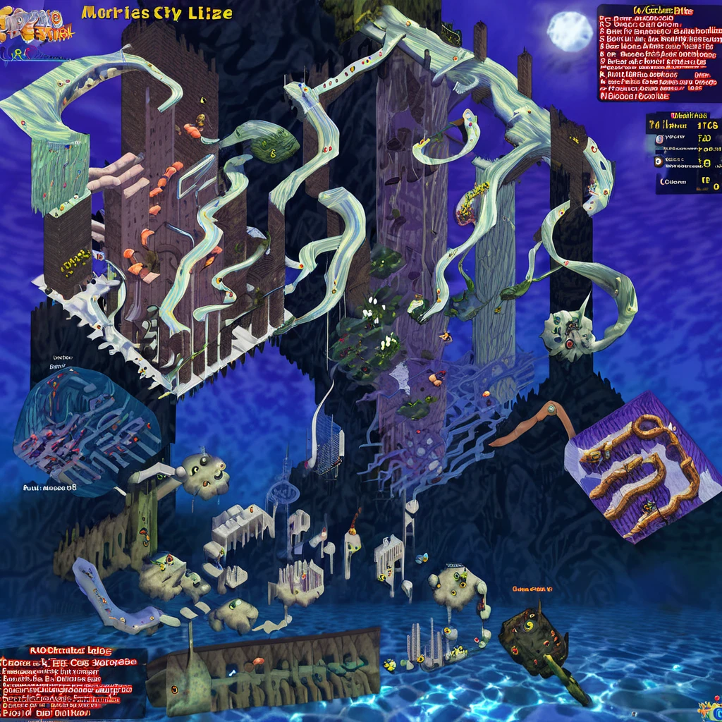 A once vibrant coastal metropolis lies submerged and reclaimed by nature after a cataclysmic event. Crumbling skyscrapers thrust up from the depths, their buildings overgrown with twisted vines and coralline structures. The shattered cityscape creates an eerie underwater maze of half-flooded streets and plazas teeming with mutated marine life. Players navigate between rays of diffuse sunlight piercing the waters while air pockets within intact structures provide momentary respite. Hazards include aggressive creatures, treacherous currents, compromised structures on the verge of collapse, videogame cartography <lora:VGMCARTOGRAPHY_v0.0.3:1>