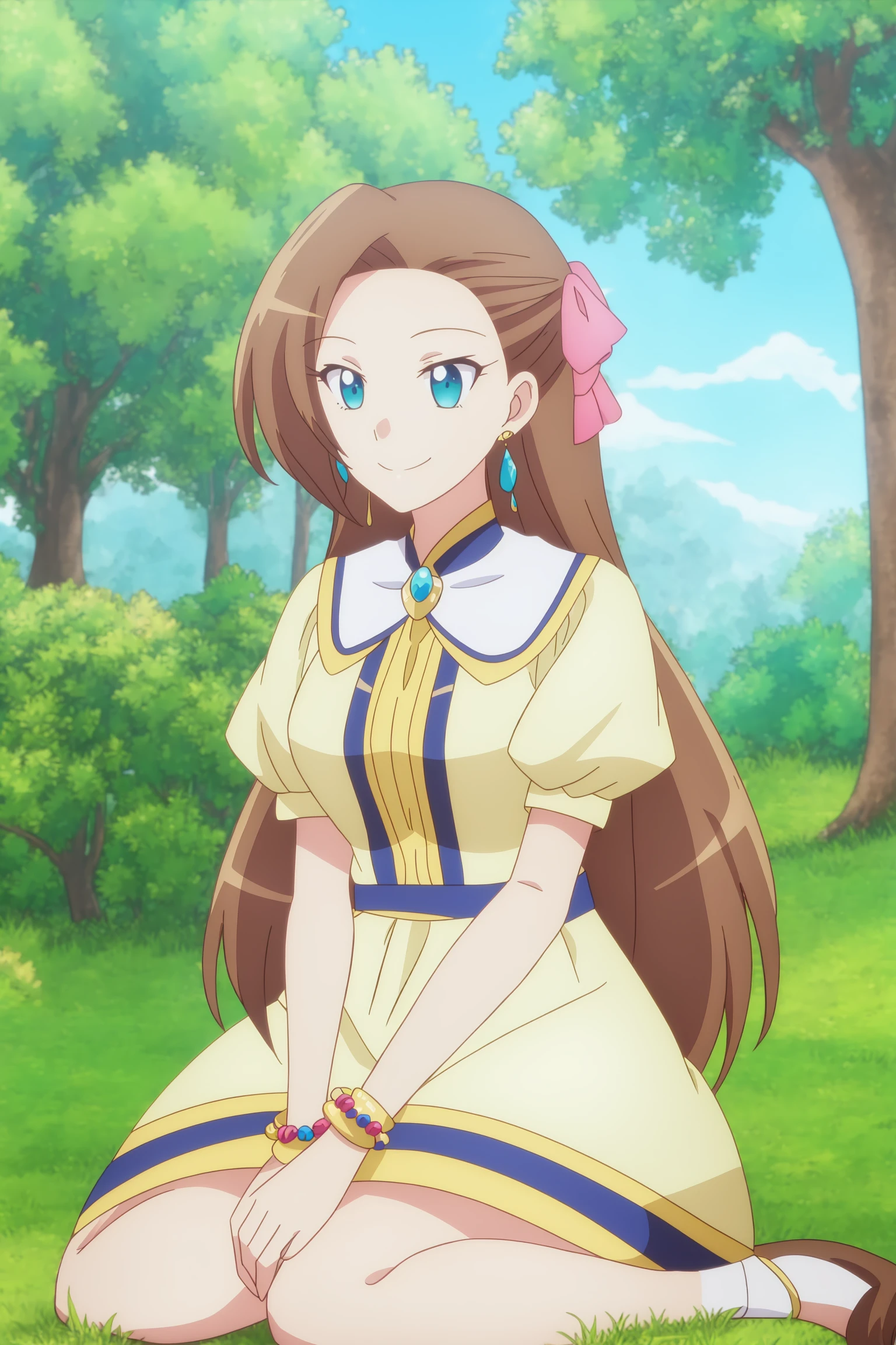 sysdeep_katarina, 1girl, solo, long_hair, smile, blue_eyes, brown_hair, dress, ribbon, jewelry, sitting, hair_ribbon, short_sleeves, earrings, outdoors, day, puffy_sleeves, blurry, bracelet, tree, puffy_short_sleeves, grass, nature, forest, asymmetrical_bangs, yellow_dress, anime_coloring