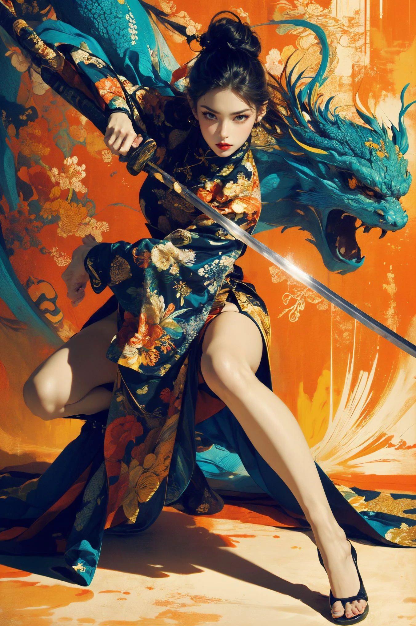 ultra high resolution,((masterpiece))),(((best quality))),((super detailed)),((extremely delicate and beautiful)),(wide shot, wide-angle lens,Panoramic:1.2),super vista,super wide Angle,Low Angle shooting,super wide lens,highly detailed,(masterpiece, top quality, best quality, official art, beautiful and aesthetic:1.2),(fractal art:1.2),
xuer ai yazawa style girl,1girl,solo,holding weapon,katana,floral print,looking at viewer,fighting stance,eastern dragon,braid,floral print,Ink,ink splatter,
(disgust:1.3),(full body:1.4),A shot with tension,(sky glows yellow,Visual impact,giving the poster a dynamic and visually striking appearance:1.2),Chinese Zen style,impactful picture,
<lora:~Q?-kfX\YsV2 xuer ai yazawa style girl:0.8>,