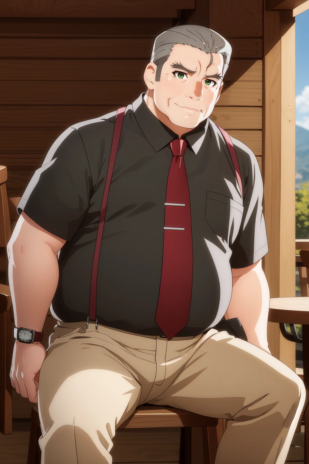 <lora:ooishi_anime_batchsize1_II:1> 1boy, best quality, solo, old man, fat, hand on own cheek, sitting, elbows on table, red necktie, suspenders, open clothes, pectoral cleavage, wristwatch, black shirt, cafe, scenery, wide shot, melancholic, sunset, large pectorals, white pants, muscular male, bara, grey hair, hair slicked back, green eyes, highly detailed, masterpiece <lora:weight_slider_v2:1.2>