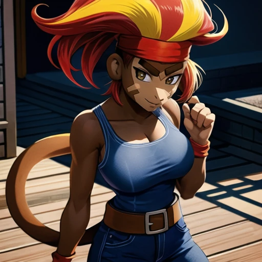 masterpiece, Highest Quality, Highest Resolution, perfect background, perfect perspective, sharp image, perfect details, perfect lighting, perfect shadows, Perfect lighting, Best background, best anime, 1girl, medium breasts, blue jean overalls, side burns, multicolored hair, red hair, dark skinned female, large eyebrows. yellow hair, red bandanna, gwendolyn, furry female, fur body, monkey girl, animal tail, side burns, fur on face,