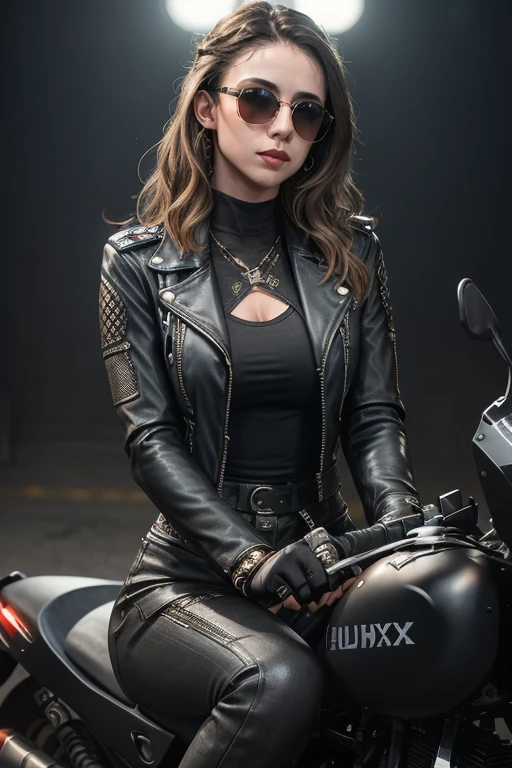 RAW photo, a photograph of laur3bv woman, heavy metal, black leather, sunglasses, biker gang, riding a motorbike, (high detailed skin:1.2), 8k uhd, dslr, soft lighting, high quality, film grain, Fujifilm XT3  <lora:laur3bv-v3:0.85>