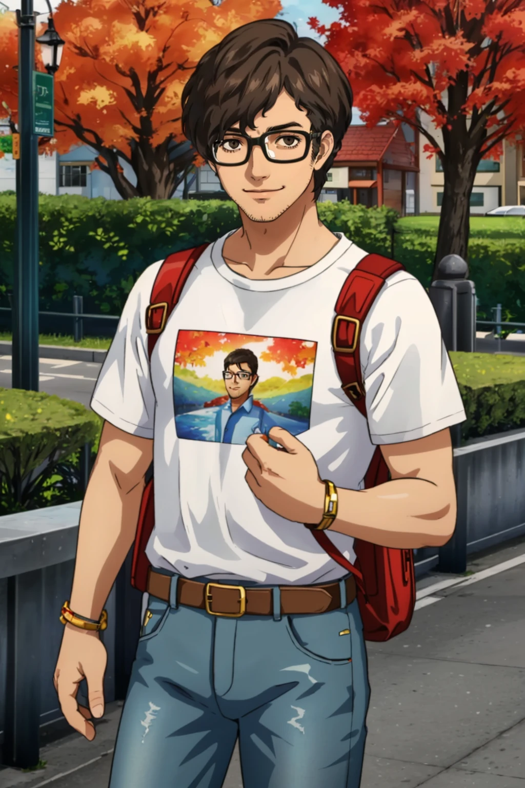 masterpiece, best quality, cowboy shot, 1boy, solo, smile, <lora:MarukiP5:0.8> marukiP5, glasses, stubble, jeans, t-shirt, bracelet, backpack, autumn