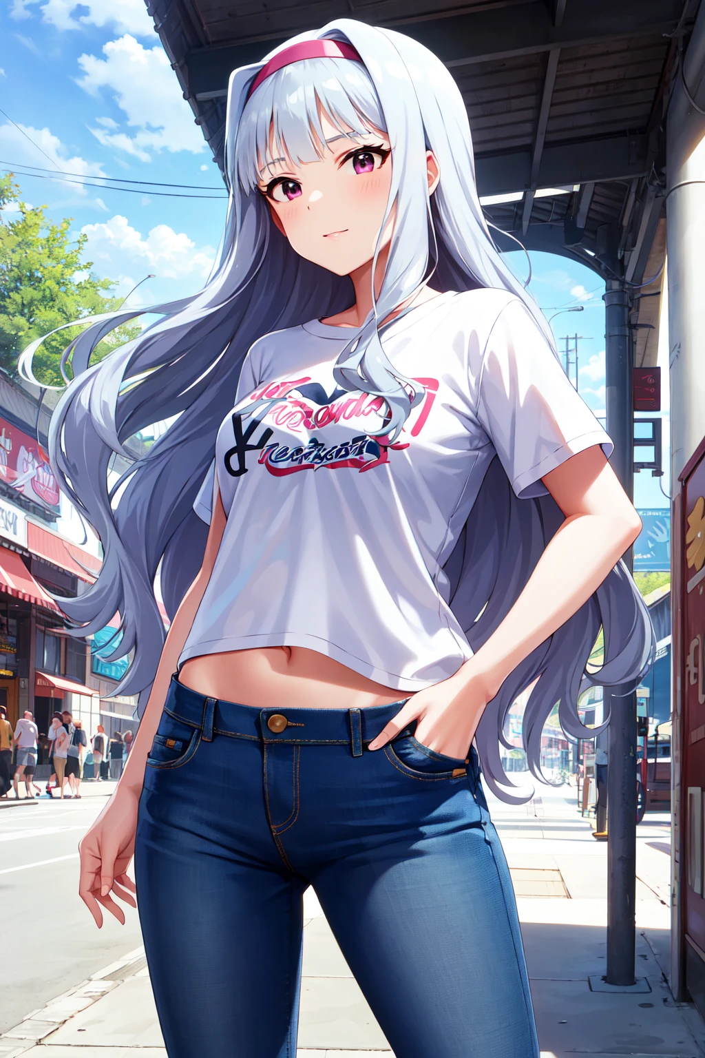 masterpiece, best quality, highres, aatakane, long hair, hairband, <lora:shijou_takane_v1:0.7>, t-shirt, white shirt, clothes writing, midriff, jeans, hands in pockets,