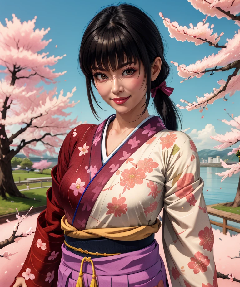 Aoi,black hair,bangs,low ponytail,brown eyes,
solo,smile,
red kimono with floral print,hakama,
cherry blossoms,
standing,upper body,
(insanely detailed,  masterpiece, best quality),<lora:Aoi:0.8>,