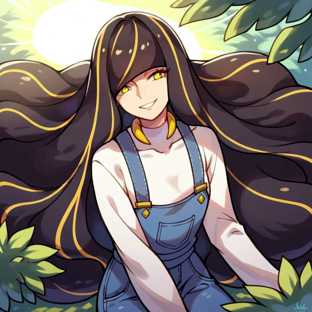 score_9,score_8_up,score_7_up,score_6_up,score_5_up,score_4_up,, 1girl, solo, Lusamine, long hair, black hair, streaked hair, yellow eyes, smile, overalls, long sleeves, outdoors sun rays