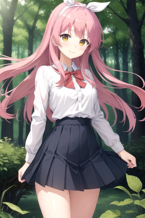 ((masterpiece)),(best quality),official art,extremely detailed CG,unity 8k wallpaper,ultra detailed,beautiful detailed eyes,extremely detailed face,forest,nature,1girl,solo,cowboy shot,looking at viewer,facing viewer,smile,wind,(petite:1.2),Kurama Koharu,very long hair,pink hair,shiny hair,floating hair,white hairband,hair ribbon,sidelocks,bangs,yellow eyes,red bowtie,white shirt,long sleeves,large breasts,button,blue skirt,pleated skirt,frilled skirt,white socks,loafers,<lora:Kurama Koharu(sb):0.6>,