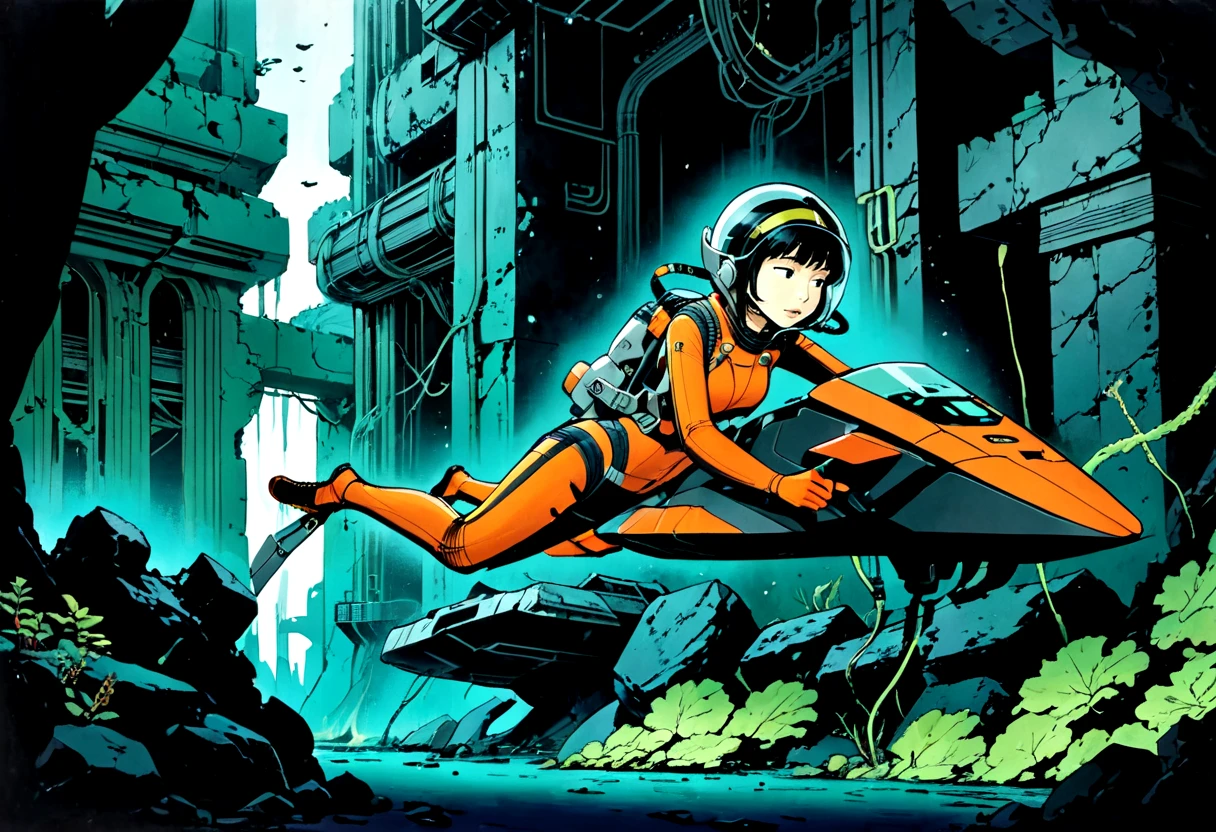 (best quality, masterpiece, absurdres, highres, ultra_detailed, dynamic angle:1.2), Yoko Tsuno <lora:yoko_tsuno-xl-v2-000014:0.7>, 1girl, orange and white full body wetsuit, transparent space helmet, piloting an upv, floating automated drones with claws passing by, underwater, sea plants, algae, alien city ruins, side view, (solo, alone:1.3), graphic novels illustration, futuristic, sci-fi, traditional media, 1990s \(style\), retro artstyle, (intricate details, hyperdetailed:1.15), (ultrahigh resolution textures), caustics, (volumetric, cinematic, dim blue) lighting, depth of field, <lora:uw_scooter_xl-000027:0.35>