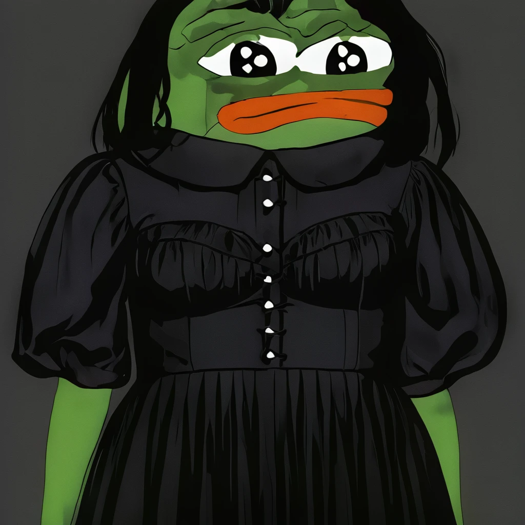 pepe the frog, unhappy, black goth dress, simple background<lora:pepe75:1>