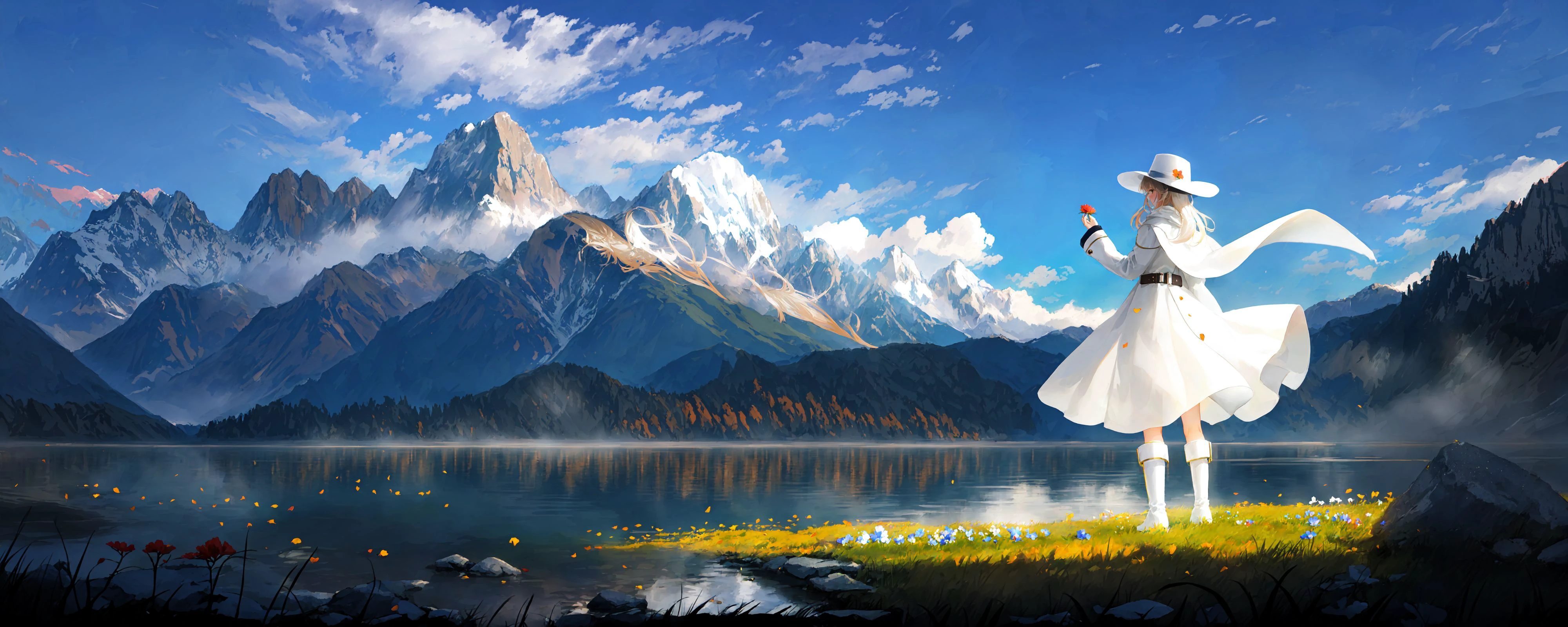 ((best quality)), ((masterpiece)), ((ultra-detailed)), (illustration), (detailed light), (an extremely delicate and beautiful),
incredibly_absurdres,(ray tracing),(Autumn),
((beautiful sky)),(scenery),((mountain)),(cloud),((nature)),(grass),((fog)),(pine),(flower),
((solo:1.8)),(1girl),((a beautiful girl)),(((full body shot))),((standding)),(facing away),(+perfect hand+:1.21),(((white coat))),((beautiful white dress+white knee boots)),((Belts)),((white hat)),(white scarf),(leg loops),(((long white_hair))),