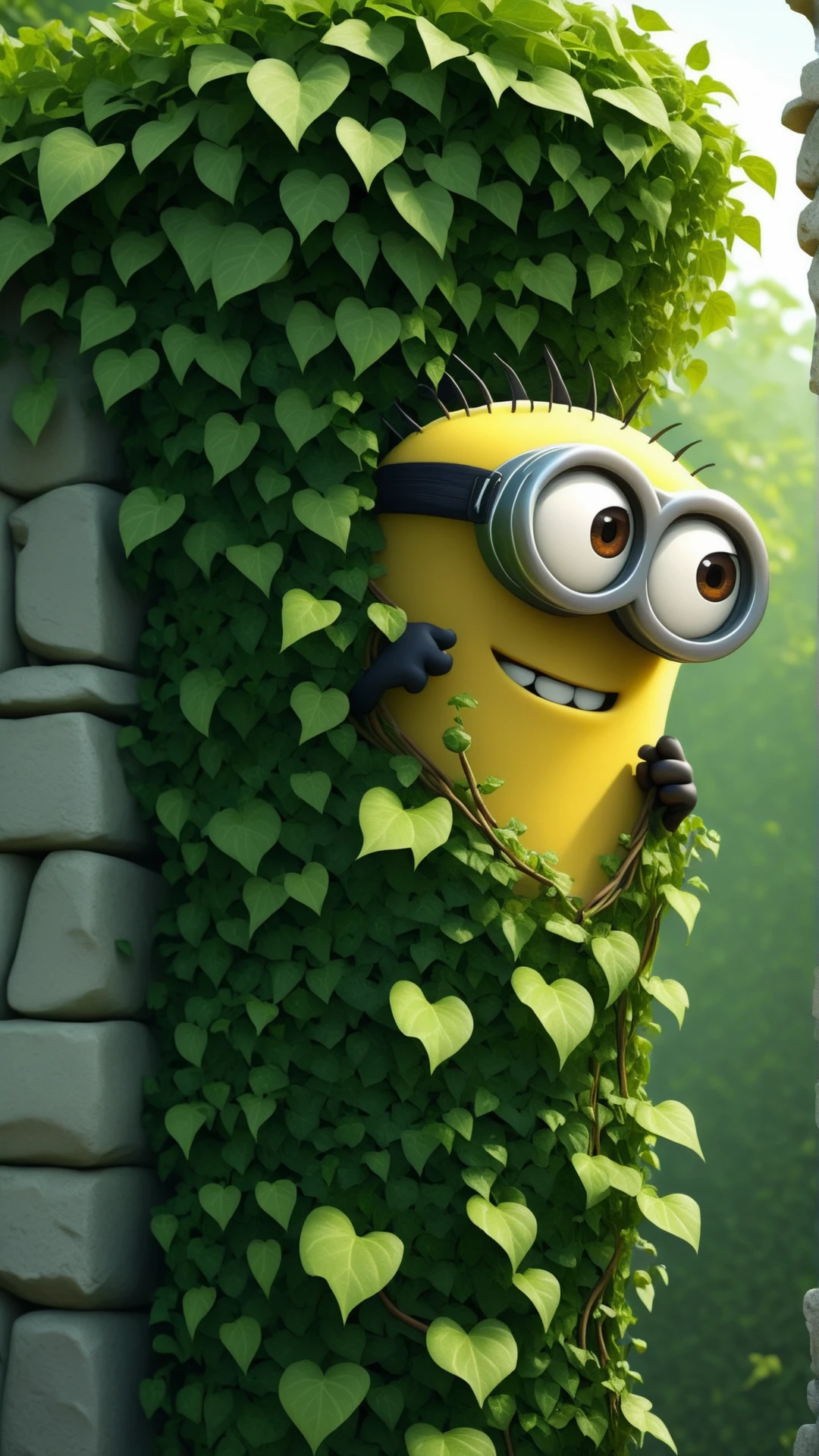 fantasy, archaeology  theme, <lora:MinionStyleXL:1> MinionStyle wild ivy climbing up a stone wall as a minion