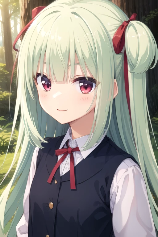 ((masterpiece)),(best quality),official art,extremely detailed CG,unity 8k wallpaper,ultra detailed,beautiful detailed eyes,extremely detailed face,forest,nature,1girl,solo,upper body,(portrait:1.5),looking at viewer,facing viewer,(petite:1.3),smile,standing,Murasame,very long hair,green hair,two side up,blue bow,hair bow,sidelocks,blunt bangs,red eyes,neck ribbon,red ribbon,blue jacket,wing collar,open jacket,white shirt,long sleeves,button,small breasts,blue skirt,pleated skirt,frilled skirt,black socks,white footwear,<lora:Murasame(sb):0.8>,