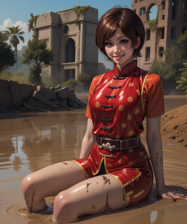 Eileen,brown hair,short hair,brown eyes,belt,
polka dot vest,red chinese clothes,short sleeves,black pants,
chinese ruins,mud,sand,smile,dirty,
sitting,
(insanely detailed, masterpiece, best quality),<lora:Eileen:0.8>,