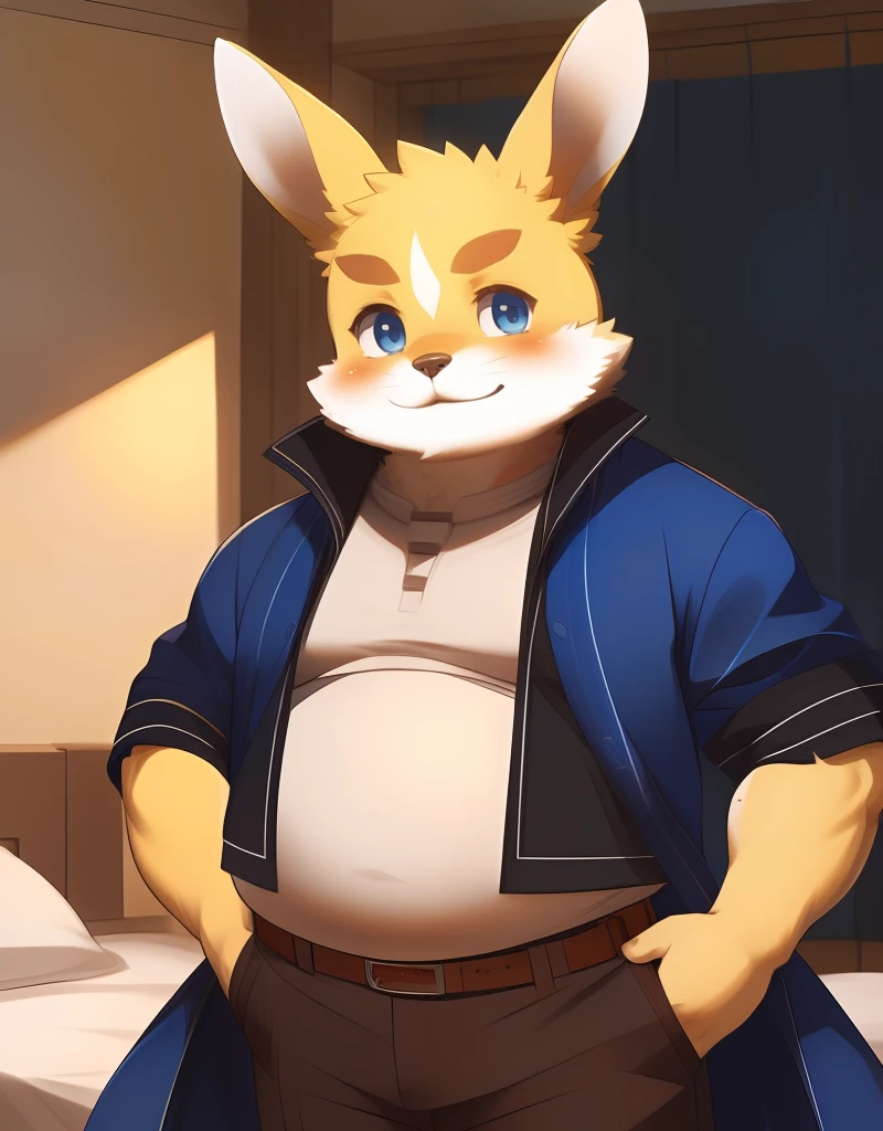 (((detailed eyes, detailed face))), (furry, jey <lora:character_jey_findigo_v2:1>, two-tone fur, rabbit boy, snout, facial mark, blue eyes), male, (solo), (plump, fat, chubby, overweight), (blue coat, black jacket, grey shirt, short sleeves, brown striped pants), standing, (arms behind back), smile, (front view) BREAK (konzaburou, ukan_muri), bedroom, (flat shading, high brightness), 8k, UHD, masterpiece, (full body)