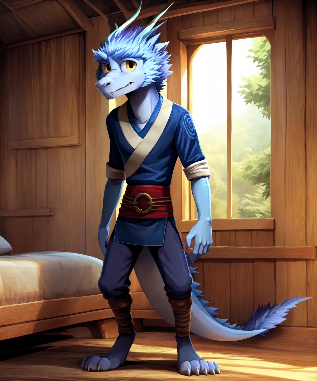 h3i, standing, furred dragon, eastern dragon,fur, hair, scales, horn, male, solo, teenager, east asian clothing, anthro, looking at viewer,cute expression, full body,cute eyes,anatomically correct, symmetrical, pants pull, beautiful yellow eyes,fangs, sharp teeth, feet, claws, 4k, hi res, indoors,bedroom, detailed background,realistic, photorealistic, photorealism,ultra realism shading, dimly lit, low light,cinematic lighting,natural lighting, backlighting, digital media (artwork),by katahane3,by yamatokuroko965,by inumania, (rembrandt:1.1025), by essence of rapture, by xnirox, by kurohane karasu,by furukara, by tenebscuro, by nurinaki, by falcrus, by zackary911,by blotch, <lora:h3i_YMv1:0.9>