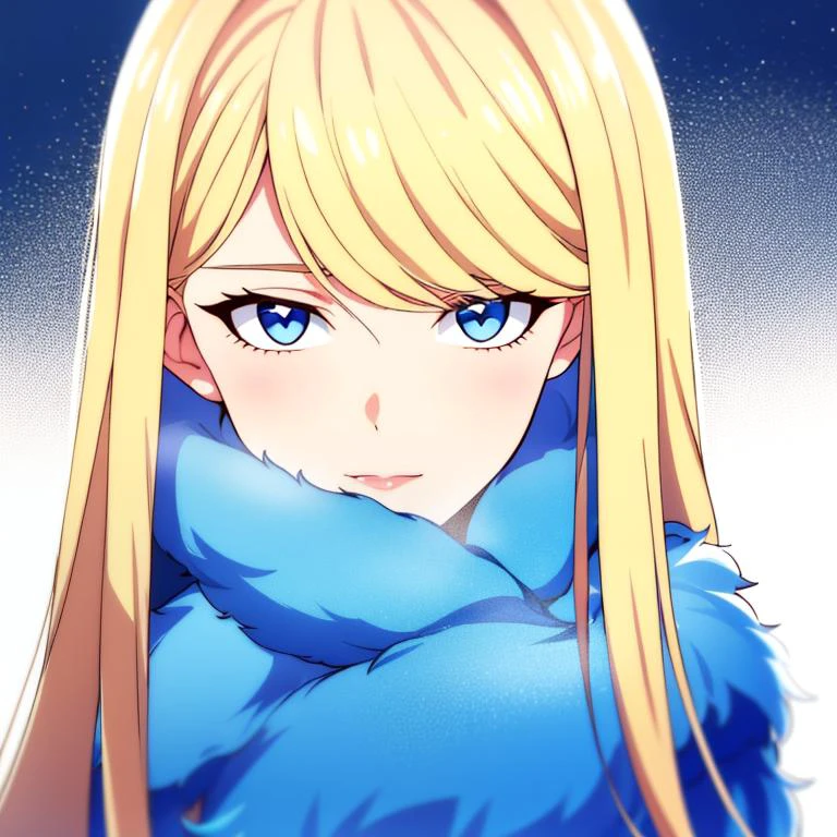 lovestruck, blonde woman, long straight hair, blue eyes, fur coat, white background, looking at viewer