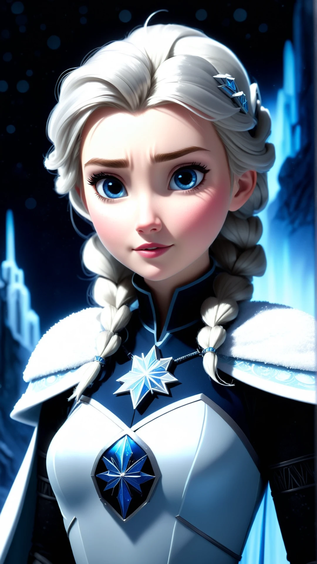 <lora:GalacticEmpireStyleXL:1>GalacticEmpireStyle solo, upper body, detailed background, detailed face, (<lora:ChromeTech:0.6>, scifi, metallic, chrometech theme:1.1),Blue winter warrior, stern expression, resilience, champion, magical armor, cape, frosty necklace, frozen insignia cold, icy breath, icy background, northern lights in background ice storm, cinematic atmosphere, **(disney frozen, elsa, anna:1.2),**, white (star wars empire style:0.7), 24mm, (analog, cinematic, film grain:1.3), Bokeh DOF, (Masterpiece:1.3) (best quality:1.2) (high quality:1.1)