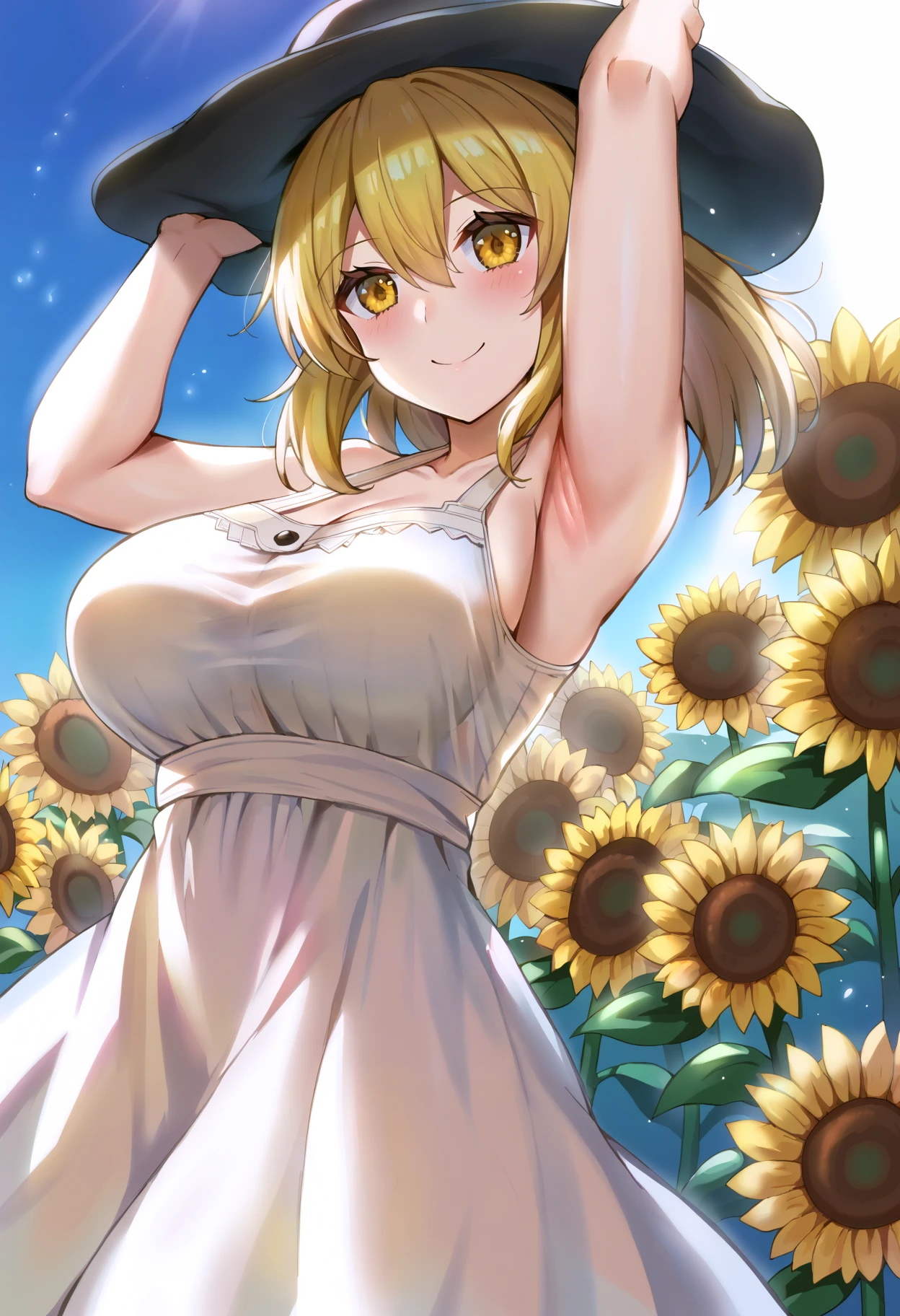 One Girl、Blonde、Shiina Mayu、positive、Standing posture、Full body portrait、Medium Haircut、blush、Absolute area、No panties、No bra、barefoot、White dress、Off-the-shoulder dress、（Very large breasts）、Cleavage、((Lesbians around the world))、masterpiece、（highest quality）、barefoot、((White high heels))、Bare your breasts、sunflower、Outdoor、Very short skirt、Thighs、Straw hat、((Exposing the breasts))、((Bare your breasts))、((Showing nipples))