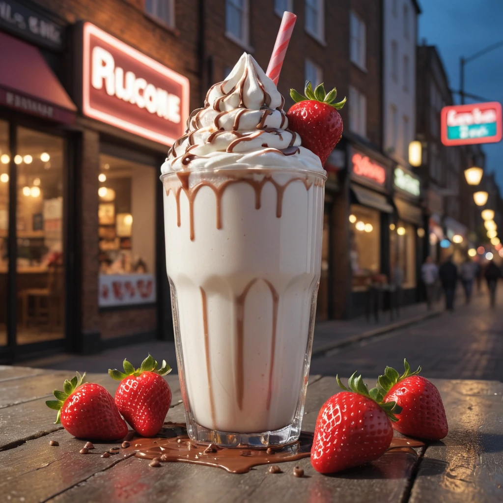 A luscious and mouthwatering digital illustration of a vanilla milkshake, with fresh strawberries cascading into the creamy concoction in a delightful explosion of flavor and texture. The image captures the essence of indulgence and delight, with a hyper-realistic rendering that makes the viewer feel as if they could reach out and take a sip. The artist has skillfully captured the delicate balance of light and shadow, as well as the intricate details of the milkshake's texture and the strawberries' delicate seeds, 
a waterfall of liquid chocolate in the frappe ,
The overall composition is inspired by the work of renowned artists such as Alexander Kucharsky, Derek Zabrocki, and Igor Morski, with a focus on creating a stunning and immersive visual experience that celebrates the beauty and pleasure of food and drink.
background of a London style brick wall, with neon lights and signs, relaxed environment, flaming lights, glowing