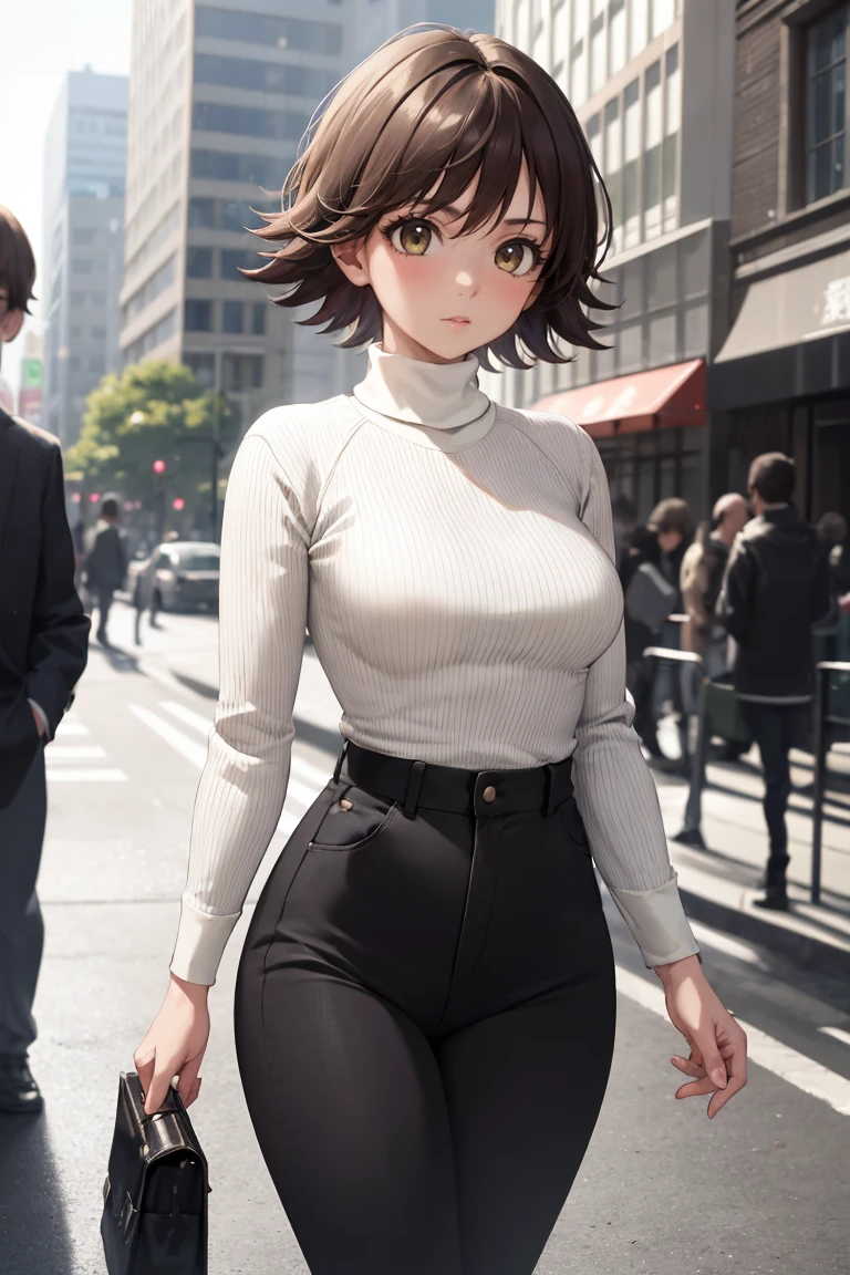 masterpiece, best quality, absurdres, 1girl, solo, HondaMio, short hair, sweater, ribbed sweater, long sleeves, high-waist pants, outdoors, city, <lora:HondaMio:1>