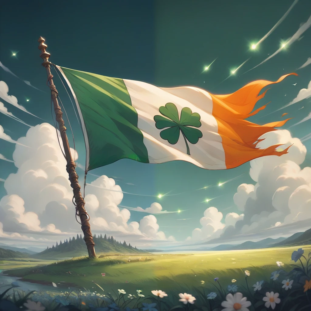 score_9, score_8_up, score_7_up, score_6_up, flag of Irland in Ghibli style, Saint Patrick's Day attire, radiating the spirit of celebration, dynamic angles capture her full flag , surrounded by an explosion of vibrant green clovers. The scene is set against a backdrop of lush Irish fields, enhanced with a fractal rainbow. The artwork is cinematic in nature, evoking a sense of wonder and enchantment, rendered in paint, showcasing every meticulous detail in 8K resolution for the highest quality visual experience <lora:Flag%20of%20Irland%20in%20Ghibli%20style:1> <lora:Smooth Anime Style LoRA XL:1>