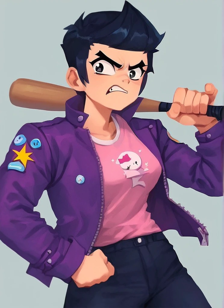 score_9 ,score_8_up , score_7_up, score_6_up, score_5_up, score_4_up <lora:bsbibixl-000004:1>bsbibi , 1 girl , black hair , , short hair , sideburns ,cute , pompadour up , anime eyes , purple jacket, pink shirt, , Black Pants , angry face , angry , swet , Holding a baseball bat