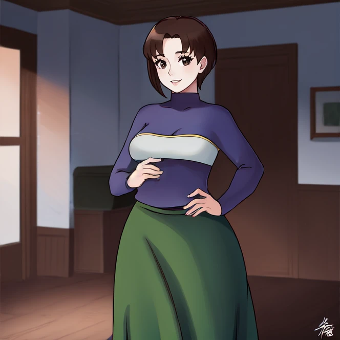 cowboy shot, solo, <lora:harukaHikari(MMBN):0.9> haruka_hikari, mature female, brown hair, brown eyes, short hair, green skirt, long skirt, purple shirt, long sleeves, smile, indoors, highres, Digital art, trending on artstation, best quality, insanely detailed, masterpiece, stunning environment, wide-angle,
