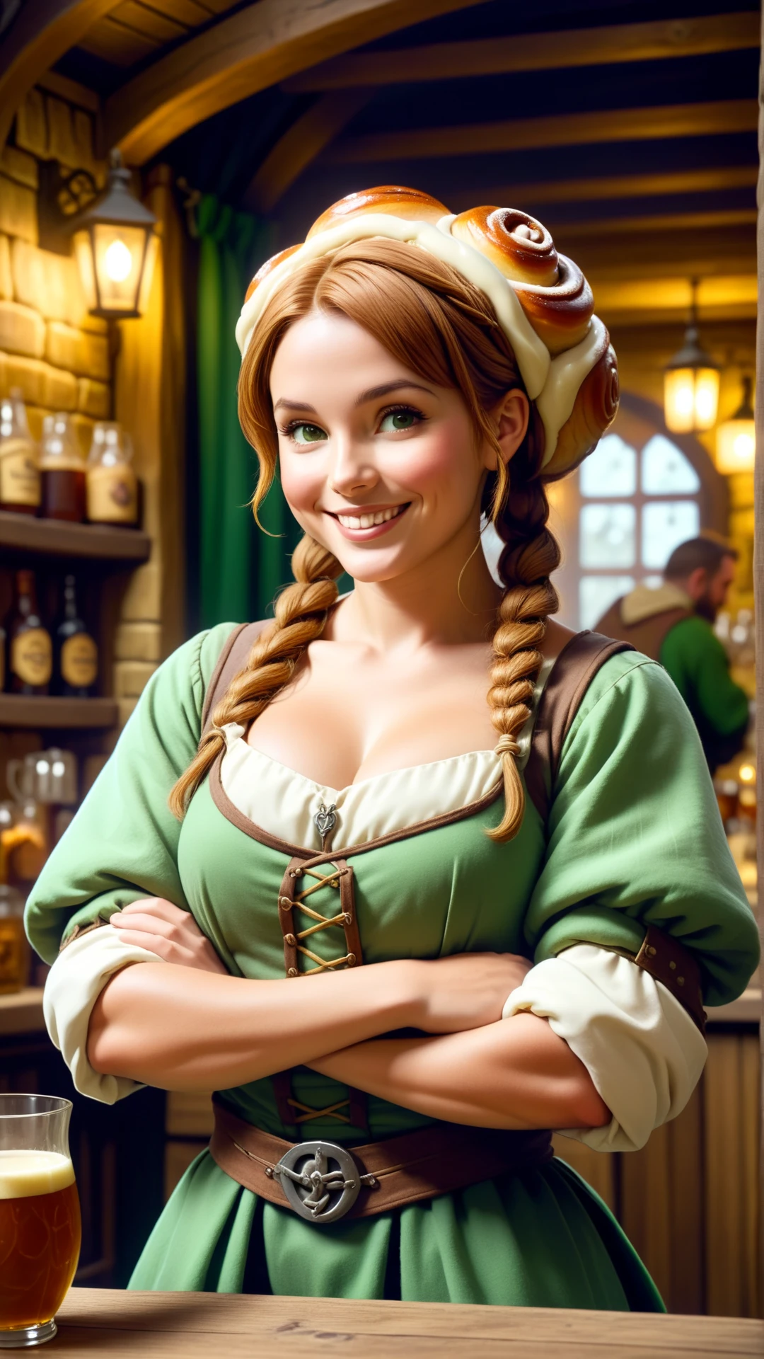 <lora:CinnamonBunStyleXL:1>CinnamonBunStyle  solo, upper body, looking away, detailed background, detailed face, (high fantasy medieval theme:1.1) smile, barkeep, simple Green clothes,   rustic 50%tavern interior in background,   wall-decorations,  drapes, beverage,  low light, jovial fantasy atmosphere,, tasty baked goods, 24mm, (analog, cinematic, film grain:1.3), Bokeh DOF, (Masterpiece:1.3) (best quality:1.2) (high quality:1.1)