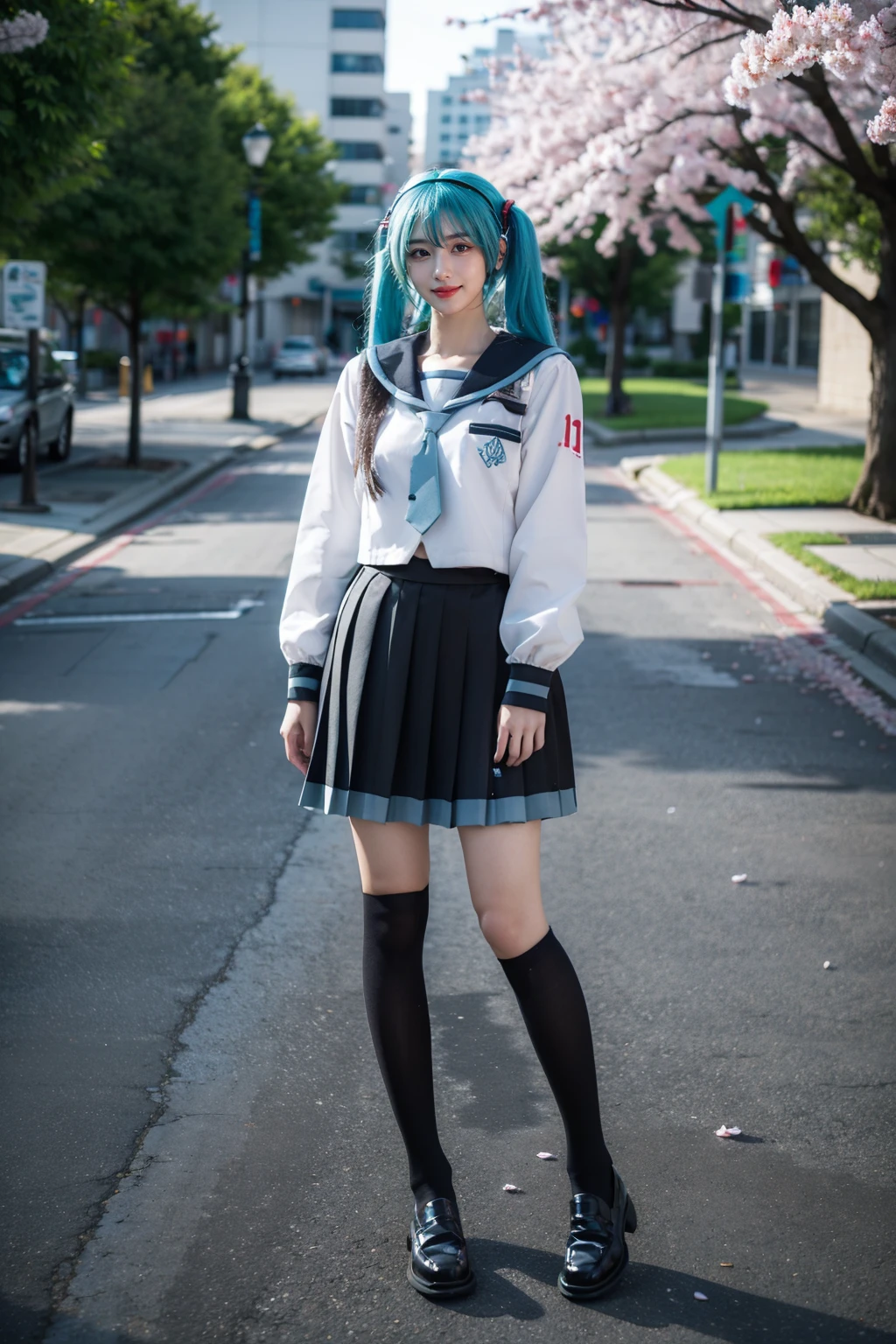 best quality, masterpiece, realistic, photorealistic, 1girl, solo, looking at viewer, smile, standing, full body, arms at side, floating hair, cosplay, aqua hair, twintails, hair ornament, very long hair, headphones, alternate costume, school uniform, sailor collar, serafuku, shirt, long sleeves, necktie, skirt, pleated skirt, kneehighs, loafers, street, cherry blossoms, <lora:miku_cosplay_schoolUniform_v1:0.65>