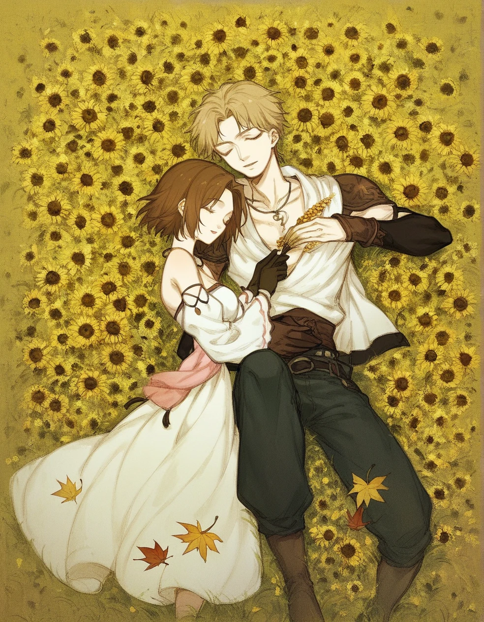 <lora:amano_yoshitaka_style_pony:0.8> score_9, score_8_up, score_7_up, score_6_up, 
 amano yoshitaka, sunflower, 1girl, blonde hair, yellow theme, autumn, 1boy, yuna \(ff10\), flower, field, short hair, wheat, autumn leaves, closed eyes, detached sleeves, twins, brown hair, bird, flower field, gloves, necklace, jewelry