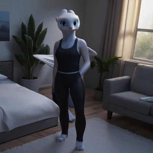 nublessv6, female anthro, dragon , white skin, blue eyes, wings , tail,medium breasts, membranous wings, livingroom, watching movie, full-length portrait, bedroom eyes, black eyeshadow, spandex leggings, tank top, <lora:nublessv6-bb95-4r10e-000009:1>, ultra detailed, intricate, beautiful eyes, detailed face, good anatomy, detailed background,realistic, detailed background, hi res, realistic, photography \(artwork\,