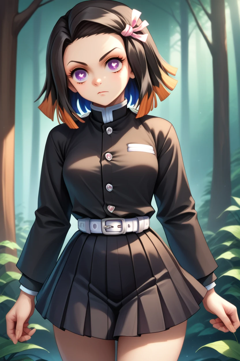 score_9,score_8_up,score_7_up,uncensored,source_anime,anime coloring BREAK nezukorps, 1girl,solo,purple eyes, white pupils, black hair,medium hair,two-tone hair,small breasts,looking at viewer,demon slayer uniform,black jacket, black pleated skirt,pink hair ribbon,white belt, cowboy shot,japanse forest <lora:NezukorpsXL_v1:1>