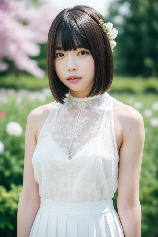 1girl,(RAW photo, best quality), (realistic, photo-realistic:1.4), masterpiece, an extremely delicate and beautiful, extremely detailed, 2k wallpaper, Amazing, finely detail, extremely detailed CG unity 8k wallpaper, ultra-detailed, highres, soft light, beautiful detailed girl, extremely detailed eyes and face, beautiful detailed nose, beautiful detailed eyes,cinematic lighting,perfect anatomy,slender body,
wearing a white halter neck dress,white skirt(bokeh:1.2)
at a flower park,sakura flowers,flower garden,
<lora:anochanV2_lora:0.8>