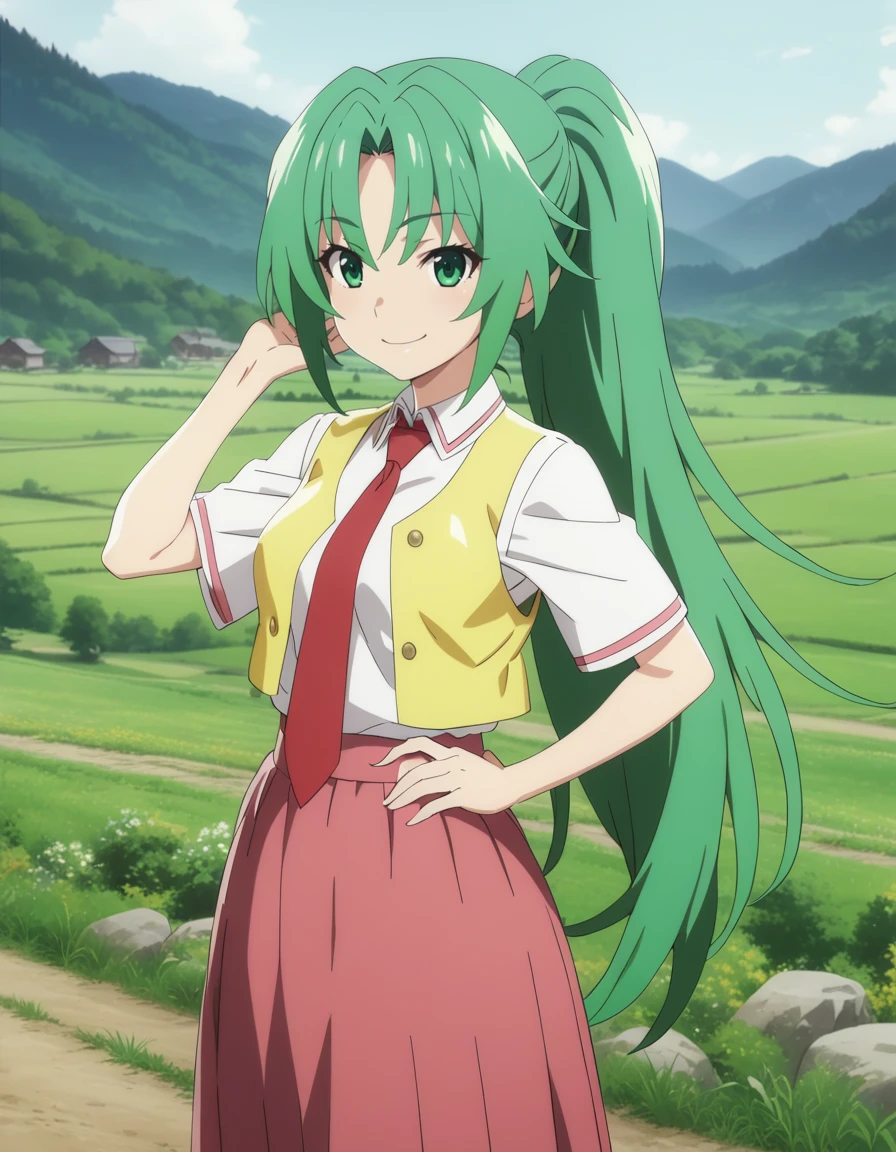 1girl,
<lora:sonozakimionXL1:0.8>,sonozakimion,
green eyes,green hair,long hair,ponytail,
red necktie,vest,long skirt,
smile,
countryside,
masterpiece, best quality, ultra detailed, highres,4k,(ultra-detailed:1.4) (illustration:0.5), (ray tracing,:0.8),(anime colored:0.7),(ai-generated:0.5), (anime screencap:1.2),